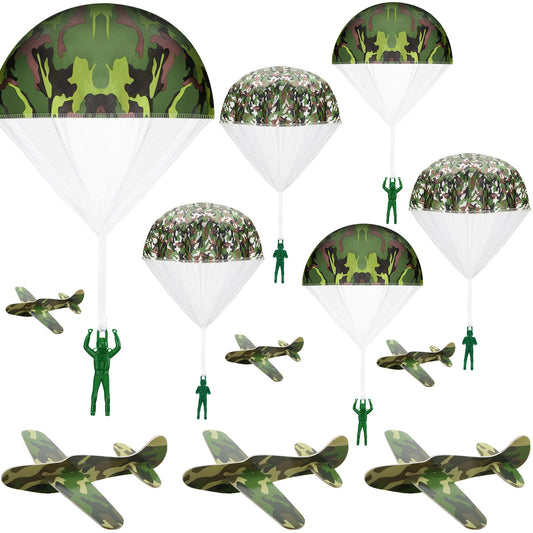 Jerify 12 Pcs Parachute Toys and Camouflage Foam Airplanes Set, Parachute Army Men Toys for Kids Army Hand Throwing and Foam Glider for Boys Gifts Outdoor Party Favors (Camouflage)