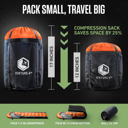 VENTURE 4TH 3-Season XXL Backpacking Sleeping Bag, Camping Sleeping Bags for Adults & Kids - Lightweight, Comfortable, Water Resistant, Ideal for Hiking, Camping & Outdoor – Orange/Black