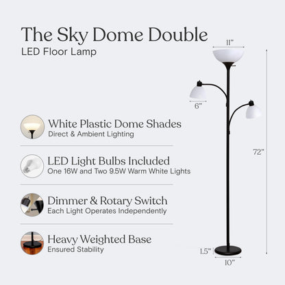 Brightech Sky Dome Double LED Floor Lamp, Torchiere Super Bright Floor Lamp with 2 Reading Lamps for Living Rooms & Offices - Dimmable Tall Standing Lamp for Bedroom Reading - Tall Black Pole