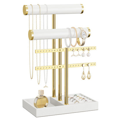 bussdis 3 Tier Bracelet Holder Display - White Leather Bracelet Holder, Detachable T Bar Jewelry Holder Organizer for Bracelet, Necklace, Earrings, Rings, Watches, Bangle