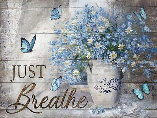 YEEIFFD Diamond Painting Kit for Adults Blue Flower Vase Daisy Drawing Blue Butterfly Vintage Painting Just Breathe for Wall Home Decor Canvas 11.8 x 15.8 inch