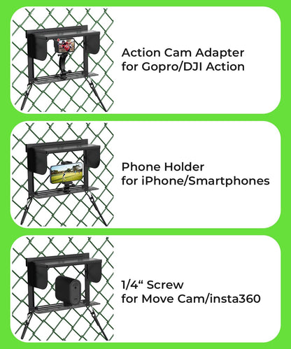 LC-dolida Foldable Phone Fence Mount with Sunshade – Ultra-Thin Portable All-in-One Kit for iPhone, GoPro, Mevo, Insta360 & Action Cameras – Stable Hands for Baseball, Football & Soccer Games