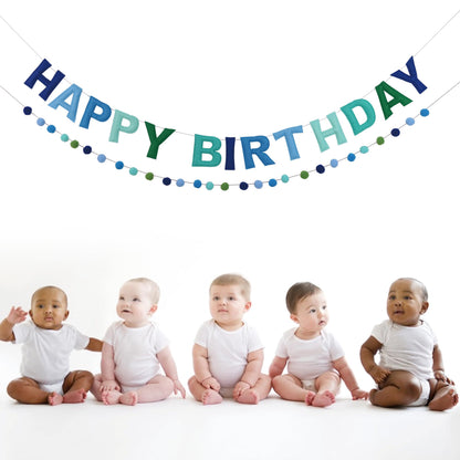 2 PCS Pre-Strung 3D Felt Happy Birthday Banner - Reusable Blue and Green Happy birthday Decorations Sign,Handmade Wool Felt Ball Garland, Pom Pom Garland, Party Decor, Photo Prop