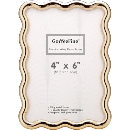 GorYeeFine Gold 4 x 6'' High-End Zinc Alloy Picture Frame with Wave Design - Modern Glamour 6x4'' Pictures Frames for Desktop and Wall Décor