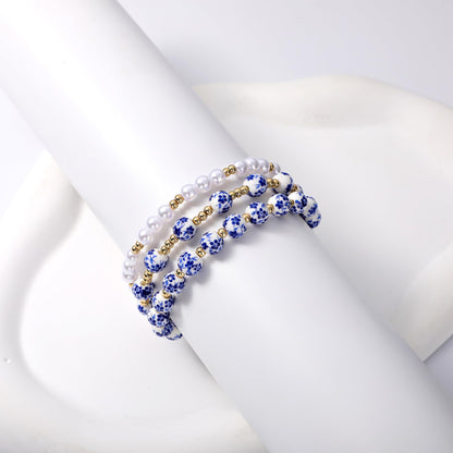 Dainty Pearl Beads Bracelet for Women Blue And White Vintage Ceramics Flower Bracelet Handmade Stretch Cute Beaded Romantic stackable Jewelry Gifts