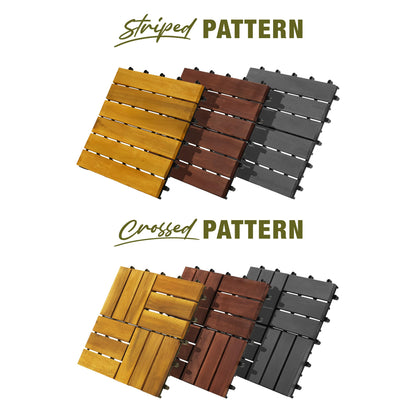 GREEN ALLUVIUM Premium Acacia Wood Interlocking Deck Tiles, 12"x12"x0.9" Outdoor Patio Flooring, Waterproof All-Weather Use, 9 PCS, Dark Brown – Striped Pattern
