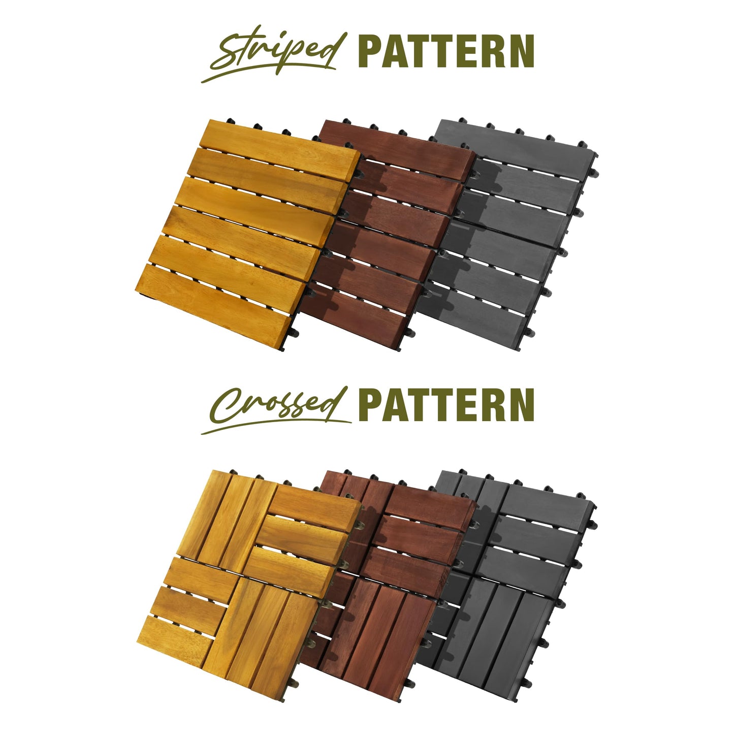 GREEN ALLUVIUM Premium Acacia Wood Interlocking Deck Tiles, 9 PCS 12"x12"x0.9" Floor Tiles, Waterproof Wood Flooring for Backyard & Outdoor Patio Decor, All Weather Use (Golden Teak – Striped Pattern)