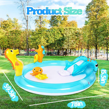 Sea Animal Inflatable Kids Pool with Slide and Sprinkler, Inflatable Play Center with Rings & Animal Figures, 78"x59.5"x15.5" Kiddie Pool for Summer Outdoor Backyard