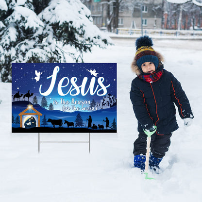 Capoda 24inch Christmas Holy Nativity Yard Sign with Stakes Jesus Is the Reason for Season Lawn Sign Manger Religious Xmas Yard Decorations Outdoor for Religious Xmas Outdoor Party Decor(Blue)