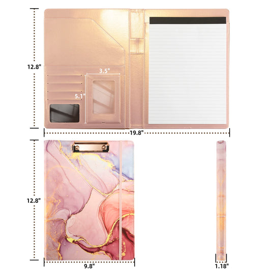 Leather Portfolio Binder Folder Storage Clipboard Pink Padfolio for School Side Straps Document Organizer