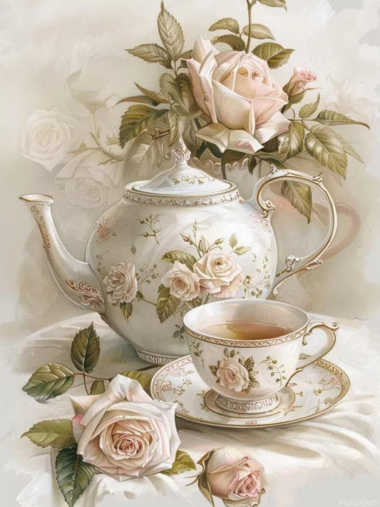 PUAGEMTI Elegant Afternoon Tea Diamond Painting 5D DIY Vintage Teapot Rhinestone Art Minimalist Home Office Decor Kit 12x16 Inch