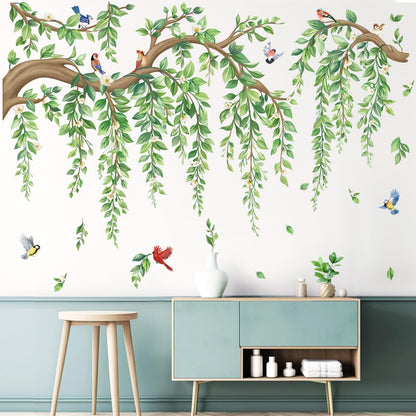 wondever Large Tree Branch Hanging Vine Wall Stickers Green Leaf Flower Birds Peel and Stick Wall Art Decals for Living Room Bedroom TV Wall