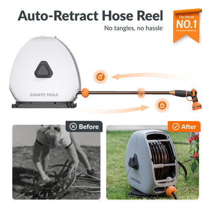 Giraffe Tools Heavy Duty Retractable Hose Reel, 130FT 1/2 Inch Automatic Rewind Garden Hose Reel with Flexible Swivel Base, Ground Mount for Lawn, Patio, and Concrete Floor