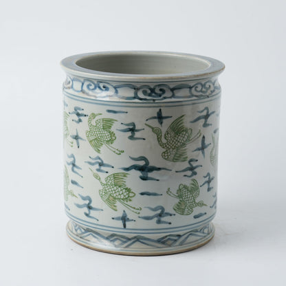Antique Hand-Painted Flower and Bird Porcelain Pen Holder Old Style Ceramic Planter 9.7 Inch Large Plants Vase Blue & White Porcelain Silla Flower Plant Pots (Green and Blue)
