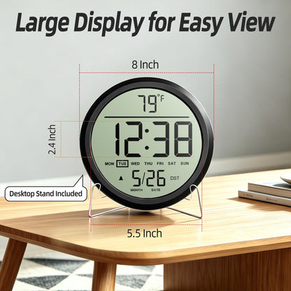Maxstar Digital Wall Clock Battery Operated, 8 Inch Digital Clock with Date and Temperature, 12/24H, Seconds, Alarm, DST, Desktop/Wall Mounted for Home, Office, Bedroom(Black)