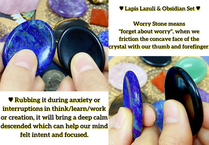 QINJIEJIE 2PCS Crystals Worry Stone for Anxiety Lapis Lazuli Obsidian Healing Crystals Hand Carved Oval Thumb Stones Pocket Gemstones Meditation Crystal Anxiety Relief Items