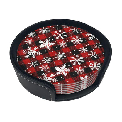 6 Pcs Christmas Coasters for Women Men, 4 Inch Xmas Red Plaid Coaster with Holder for Home Kitchen Office Table Decor