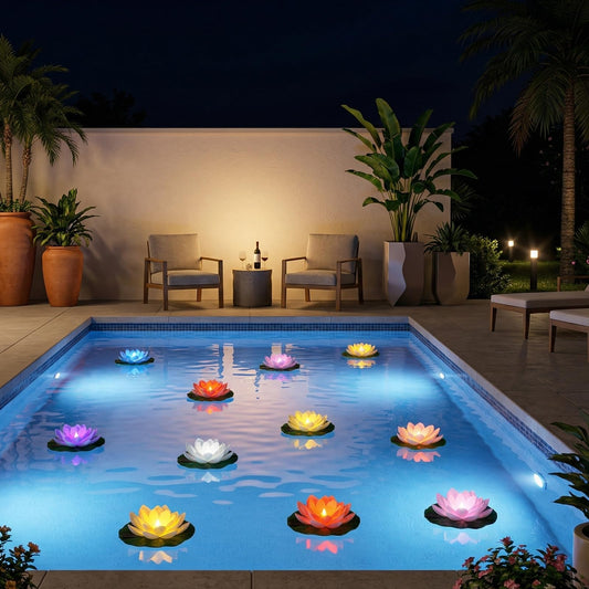 MHMJON 12 PCS Solar Powered Floating Lotus Lights - 7.09'' Waterproof Floating Flower Light, Solar Water Activated Colorful Pool Lotus Lamp for Garden Pond Wedding Anniversary Party Decor (Multicolor)