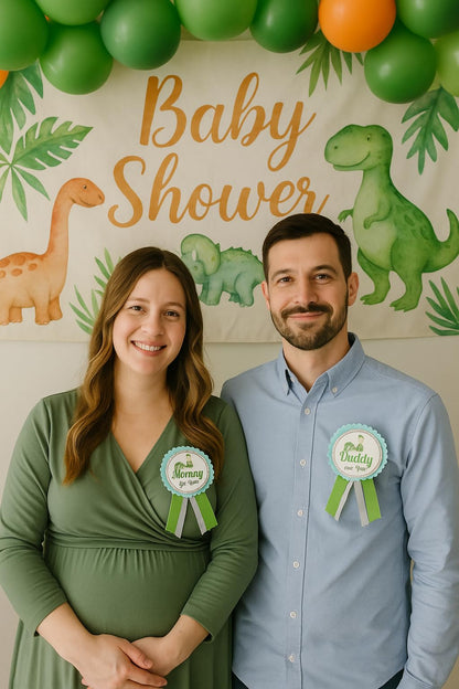 Dinosaur Baby Shower Pins for Mommy Daddy Jungle Family to wear, It's a Boy Blue Green Sprinkle (MOM & DAD PINS)