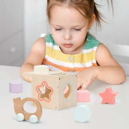 Pillowhale Montessori Wooden Toys Set for Toddlers 12M+ – 4-in-1 Educational Toy with Stacking Rings, Shape Sorter, Bead Maze & Push Car