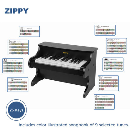 ZIPPY Kids Piano Keyboard, 25 Keys Digital Piano for Kids, Mini Music Educational Instrument Toy, Wood Toy for Toddlers Girls Boys (Black)