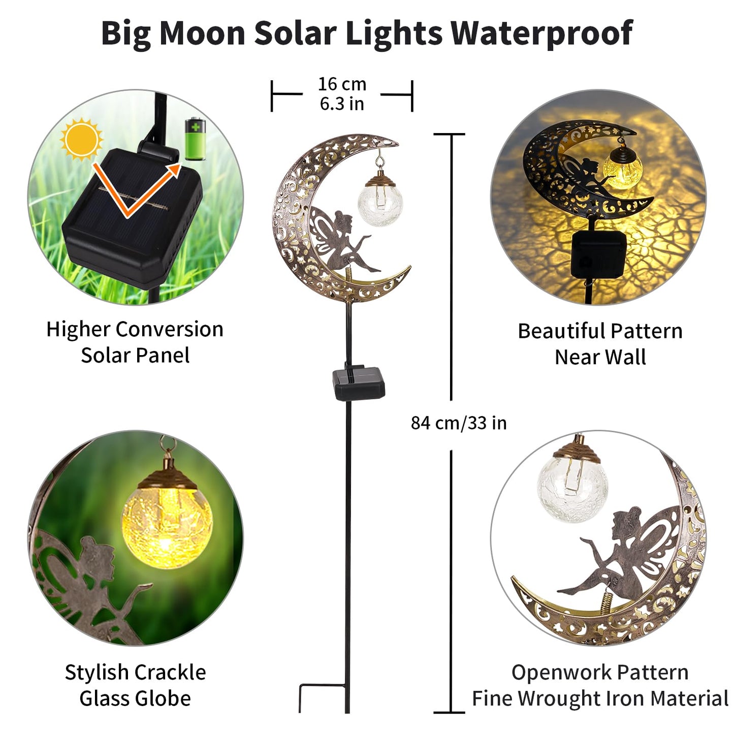 Solar Garden Lights Outdoor Decor,Moon Fairy Crackle Glass Lights,Waterproof Warm White LED Metal Stake Ornament,for Walkway Backyard Patio Lawn Pathway Decorations-Unique Gift Ideas for Gardening