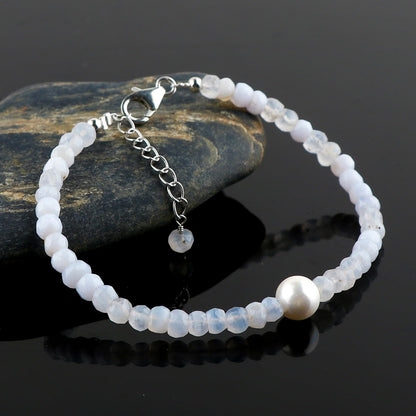 CRYSTALIS Natural Blue Lace Agate Beads Adjustable Bracelet with Elegant Pearl, High Grade Gemstones, Chakra Healing Stones, Gift Giving Jewelry, 925 Sterling Silver Womens Bracelet 8 inch