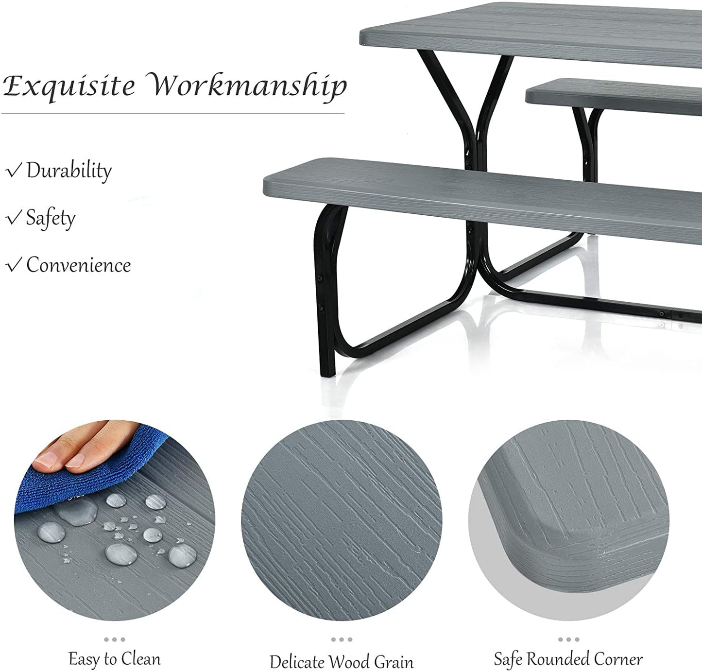 Hysache Picnic Table Bench Set, Patio All Weather Metal Base Camping Table Set w/Wood Texture Tabletop, Steel Frame, Large Camping Picnic Tables for Backyard Poolside Garden Patio Lawn (Grey)