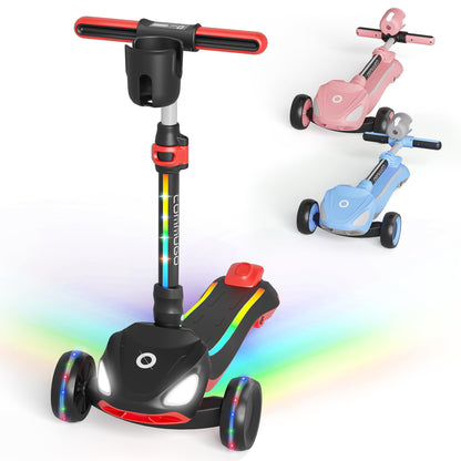 Commugo 3 Wheel Electric Scooter for Kids with LED Lighted Wheels, Balance Scooter for Kids Adjustable Height & Lean-to-Steer, 3-Wheel Foldable Scooter Anti-Slip Deck for Boys & Girls Toddlers