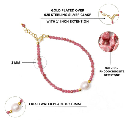 A&M Gems 2.5-3 mm Natural Rhodochrosite Round Faceted Beaded Bracelet with Pearl Crystal Jewelry, Brass Gold Plated Bracelet, 1-Inch Adjustable Chain, Handmade Bracelet, 7-Inch, Gifts for Women