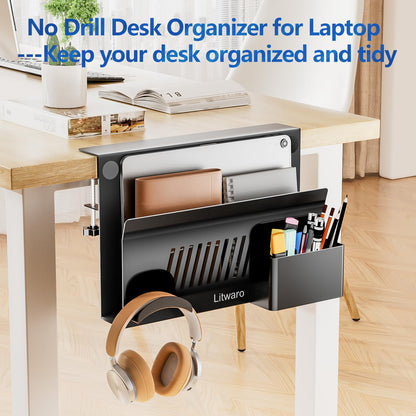 Litwaro Desk Side Storage Organizer, No Drill Laptop Holder Clamp on Desk Shelf with Magnetic Pen Holder, Hanging Organizer Fits Flat Edge Desks 0.4" to 2.1" (Black)