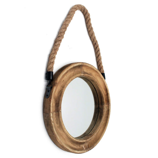 Funly mee Rustic Round Decorative Mirror with Solid Wood Frame&Rope Hanging,Farmhouse Antique Wall Decor(Small 9.9X9.9in)