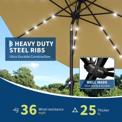GarveeLife 10FT Patio Umbrella Outdoor, Table Umbrella with solar lights, 8 Sturdy Ribs UV Protection Waterproof for Garden, Pool, Deck (Tan)