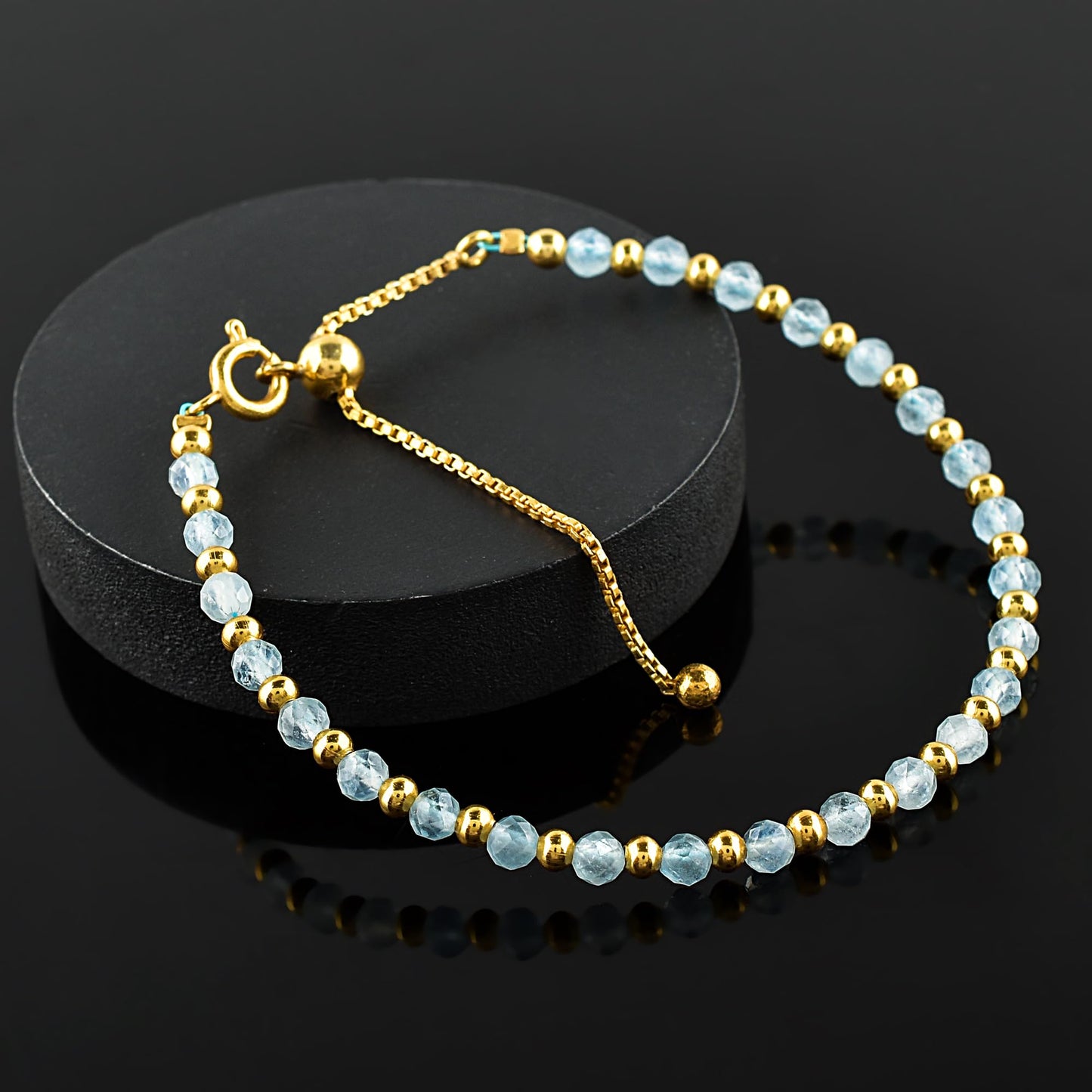 InfinityGemsArt Aquamarine Bracelets For Women March Birthstone Blue Beaded Stone Bolo Slider Chakra Healing Crystals Gemstones 14K Gold Plated Adjustable Chain, Dainty Lightweight Jewelry For Her