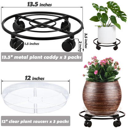 Planterhoma 3 Packs Large Metal Plant Caddy 13.5" Heavy-duty Plant Dolly with Wheels Iron Rolling Plant Stand with Casters Indoor Outdoor Plant Pot Movers Rollers Coaster Trolley, Black