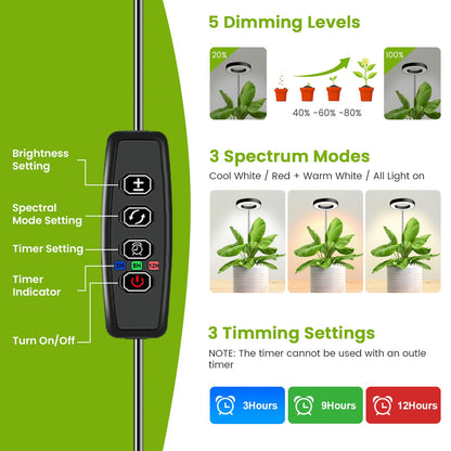 Kullinss Grow Light, 48 LEDs Full Spectrum Plant Lights for Indoor Growing, Halo Plant Light with 3/9/12H Timer, 3 Color Modes, 10 Brightness, Height Adjustable Grow Lamp for Small Plants (2 Pack)