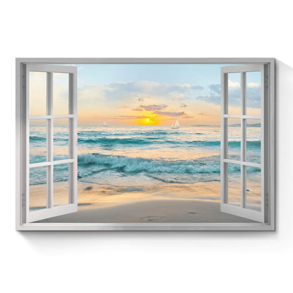 Window View Canvas Wall Art: Open Window Beach Coastal Sailboats Picture Large Blue Ocean Waves Artwork Natural Sunset Seascape Prints Modern Sea Scenery Painting for Bedroom Bathroom Home Office