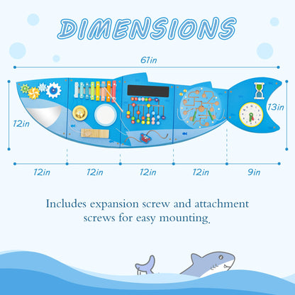 Shark Activity Wall Busy Board Panels,Busy Board for Toddlers Montessori Sensory Toys Wall Mount Wooden Learning Toy Ideal Furniture for Playroom & Children's Daycare