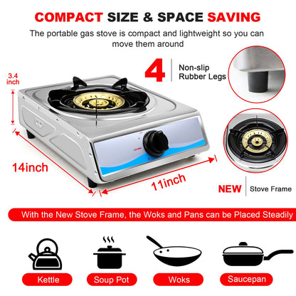 Propane Gas Cooktop，Single Burner Gas Stove Stainless Steel Portable Gas Stove，Auto Ignition Camping Single Burner LPGfor RV, Apartments, Outdoor