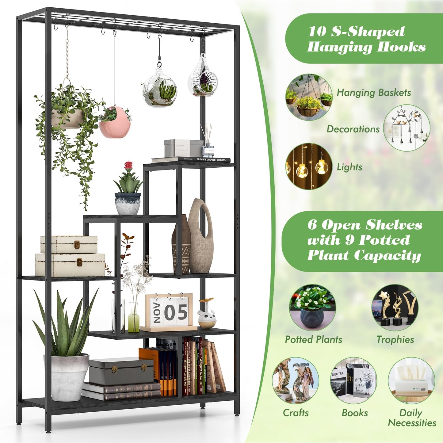 Giantex 71" Tall Plant Stand Indoor, 6-Tier Metal Plant Shelf with 10 Hanging Hooks, Multiple Potted Flower Bonsai Pots Display Rack for Indoor, Balcony, Living Room (Black)