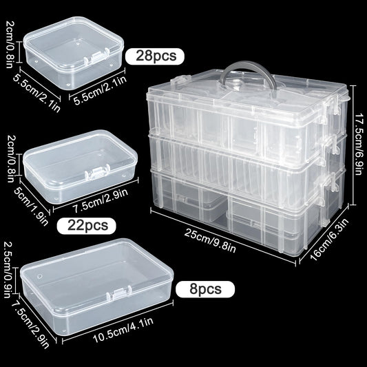 Guyuyii Bead Organizers and Storage with Labels and Handle - 58 Pcs Small Plastic Bins with Lids and 3-Tier Stackable Clear Bead Storage for Diamond Painting, Seed Beading & Jewelry Making (3 Sizes)