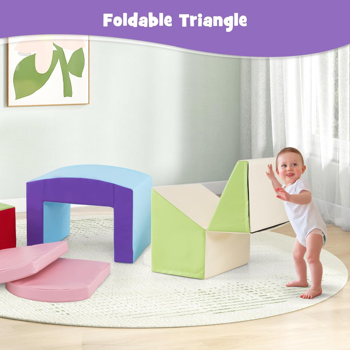 Olakids Climbing Toys for Toddlers, 7 Pieces Indoor Baby Foam Blocks Soft Play Set with PU Leather, Kids Climb and Crawl Sliding Activity Structure Gym Playground Climber