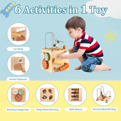 Smartwo Wooden Kids Baby Activity Cube - Boys Gift Set | One 1, 2 Year Old Boy Girl Gifts Toys | Developmental Toddler Educational Learning Boy Toys 12-18 Months | Bead Maze, First Birthday Gift