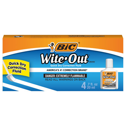 BIC Wite-Out Brand Quick Dry Correction Fluid, 20 mL, White, Goes On Easy With A Reduced Dry Time, 4-Count
