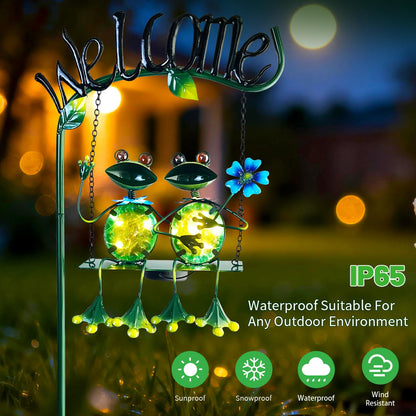 HONGLAND Solar Lights Outdoor Waterproof, Frog Swing Garden Decor, Frog Decorative Stake with Welcome Sign Landscape Patio Yard Gifts for Women Mom (48 inch)