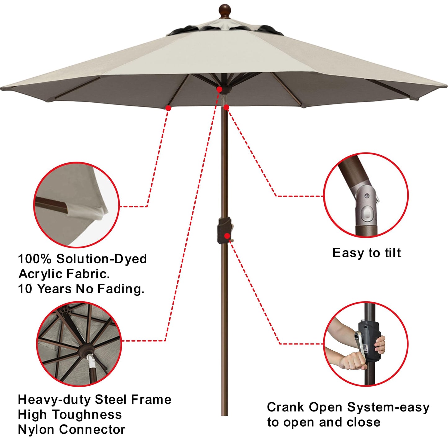 EliteShade USA 10-Year-Non-Fading 9Ft Market Patio Umbrella, UPF 50+ UV Protection Performance Sun Umbrella, Heavy Duty Commercial Grade Outdoor Table Umbrella with Crank & Tilt, Windproof Vented Top for Garden, Pool, Deck and Outdoor Playsets, Antique Be