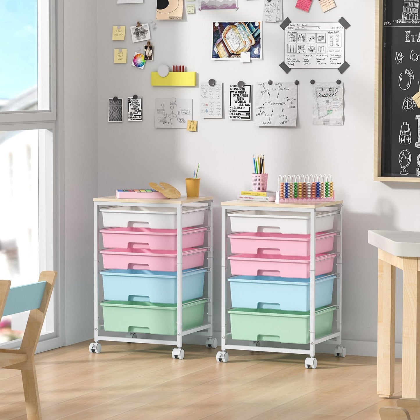 SYKIARIOL Utility Cart with 5 Drawers,Storage Drawer Cart with Wooden Tabletop and Lockable Wheels,Craft Storage Trolley Cart,5-Tier Rolling Utility Cart on Wheels,Rainbow