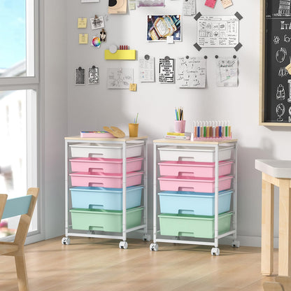 SYKIARIOL Utility Cart with 5 Drawers,Storage Drawer Cart with Wooden Tabletop and Lockable Wheels,Craft Storage Trolley Cart,5-Tier Rolling Utility Cart on Wheels,Rainbow