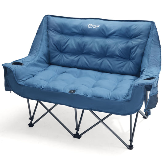 PORTAL Double Camping Chair, 2 Person Folding Loveseat for Adults, Padded Cushion Camp Lawn Love Seat with Side Pocket Portable Couch, Two Person Heavy Duty Wide Chairs with Cup Holder, 600 lbs