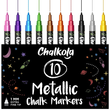 Chalkola Extra Fine Tip Metallic Chalk Markers (10 Pack, 1mm Point) - Liquid Chalk Pens for Chalkboard, Blackboard, Bistro Menu, Car Windows, Glass, Acrylic Board - Thin Erasable Wet Erase Paint Ink